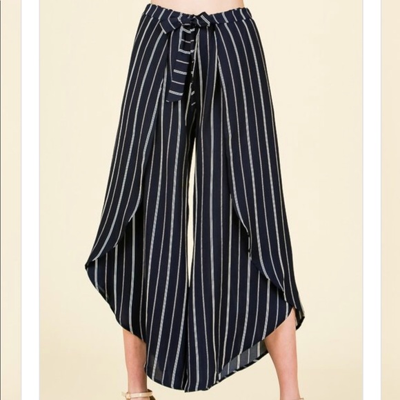 STRIPE PRINT WRAPPED PALAZZO PANTS RIBBON TIE WAIS - Picture 2 of 7